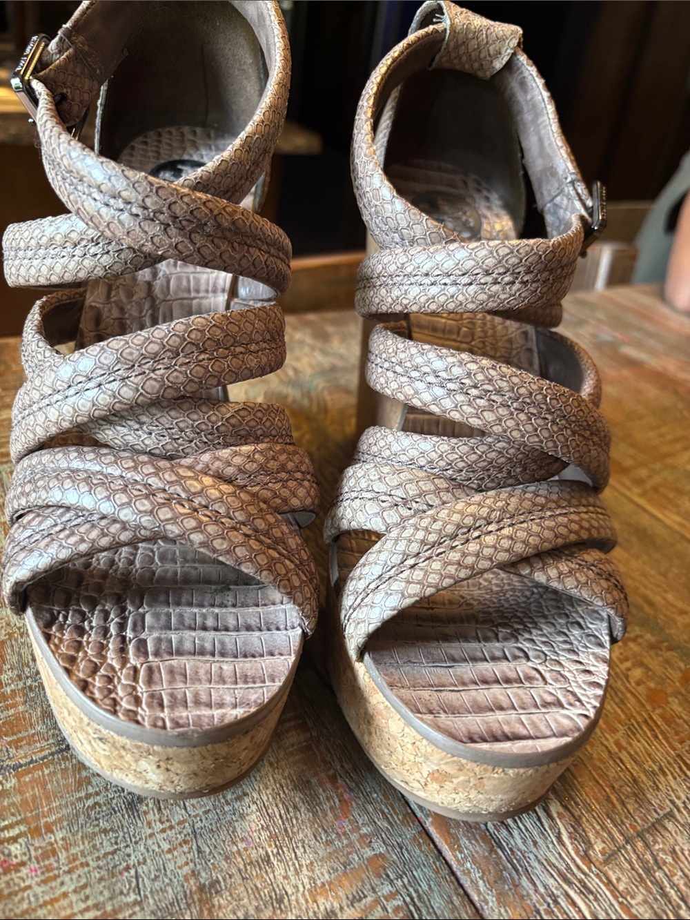 Tory Burch Taupe Snake-Embossed Cork Wedge Sandals